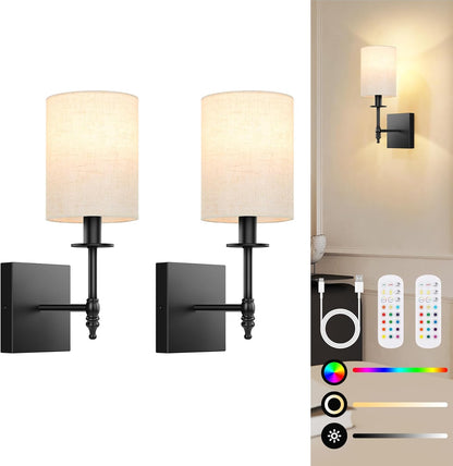 24.8 Inch Black Battery Operated Wall Sconces Set of 2, Rechargeable Wireless Wall Lights with Remote & White Fabric Shade, Indoor Not Hardwired Dimmable Wall Lamps for Bedroom, 2 Bulbs Included