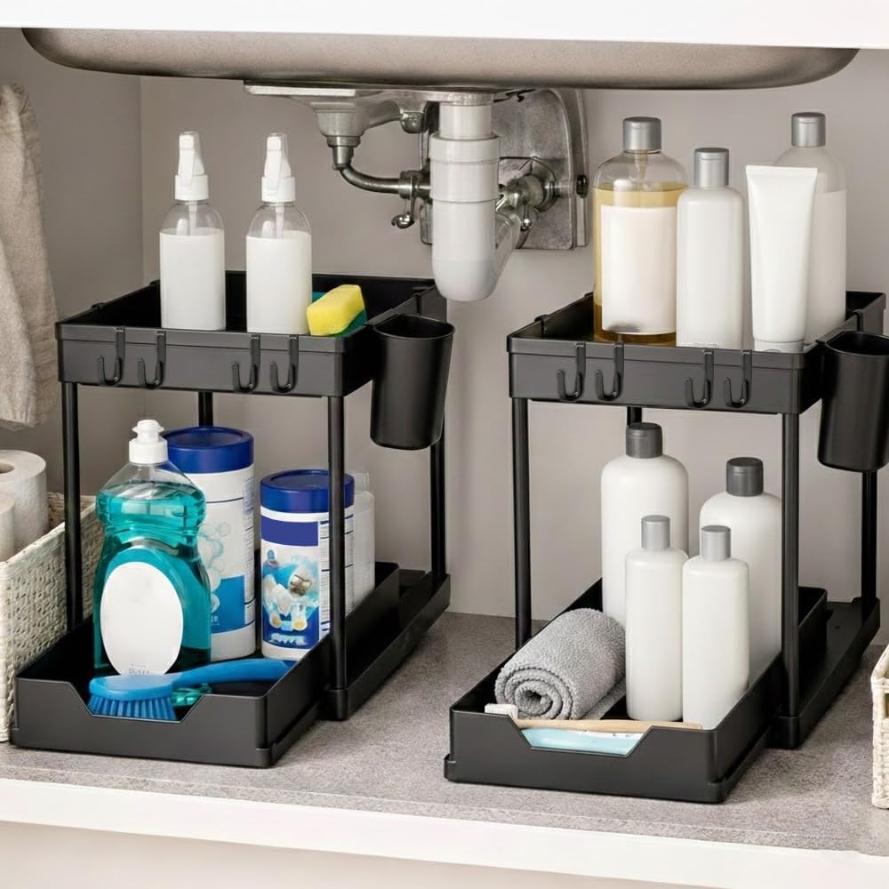 Undersink Organizer, 2-Tier Under Sink Storage Rack with Sliding Drawers for Kitchen Bathroom Cabinets, Pull Out Organizer for Pantry, Laundry Room & Closet Organization - 1 Pack, Black