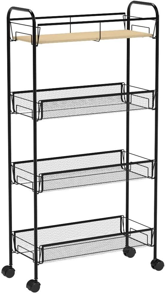 KINGRACK 4-Tier Slim Rolling Cart with Wooden Tabletop, Easy Assemble Metal Utility Cart, Slide Out Narrow Storage Cart for Narrow Space on Bedroom Bathroom Laundry Room Apartments Dormitory, Pink