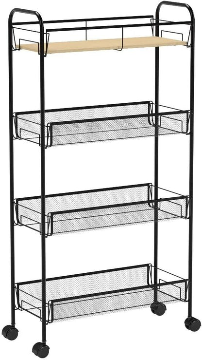 KINGRACK 4-Tier Slim Rolling Cart with Wooden Tabletop, Easy Assemble Metal Utility Cart, Slide Out Narrow Storage Cart for Narrow Space on Bedroom Bathroom Laundry Room Apartments Dormitory, Pink