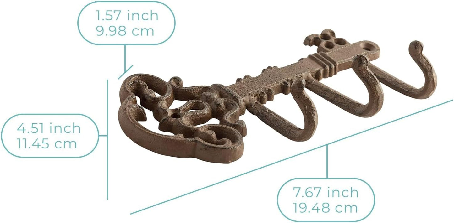 Comfify Brown Cast Iron Skeleton Key Wall Hook – 3 Hooks, 10.8" L | Brown; cast iron; 10.8"L x 2"W x 4.7"H; 3 hooks; KEYS embossed; matching brown screws; farmhouse entryway decor