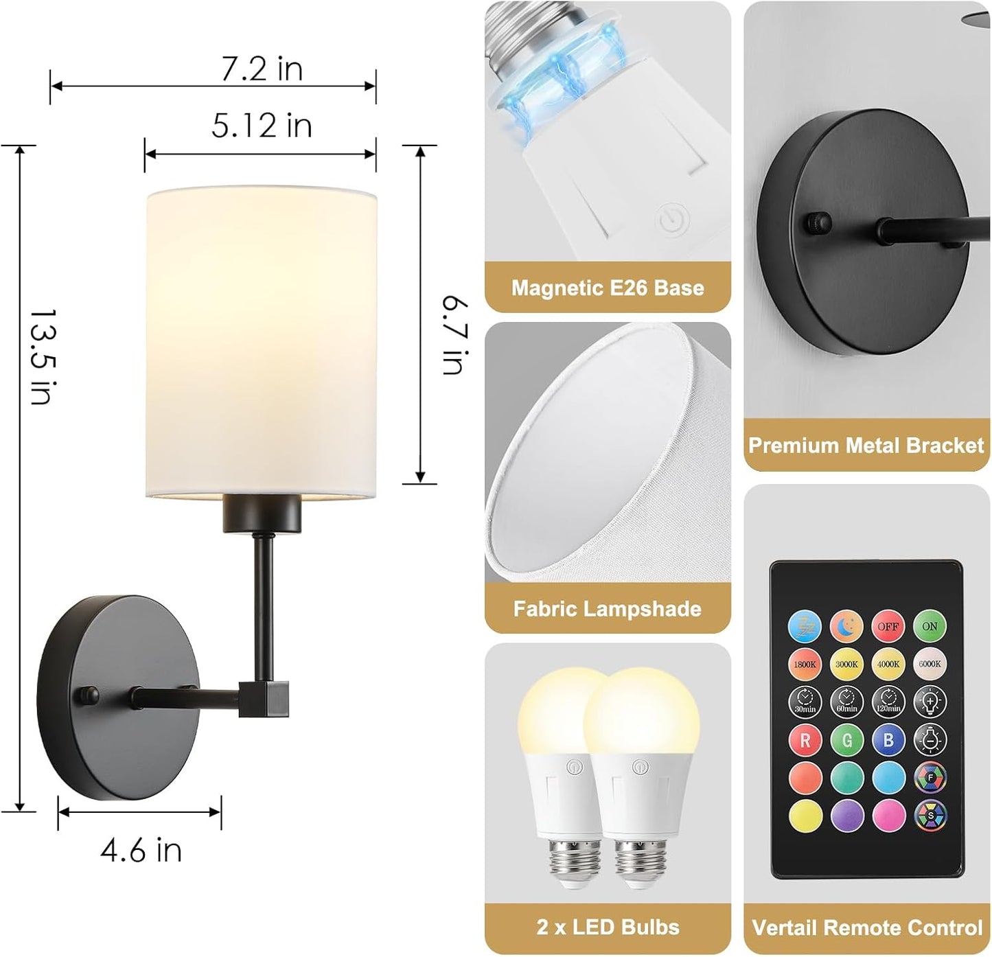 Battery Operated Wall Sconces Set of Two,Wireless Rechargeable Wall Light With Remote Control, Dimmable, Amber Light/Warm White/Natural White/Daylight/RGB, Timer,for Living Room,Bedroom,Entryway,Gold