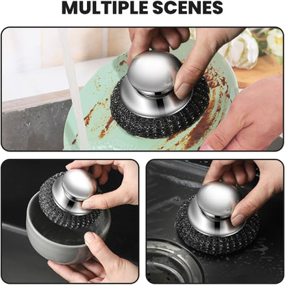 Steel Wool Scrubber with Handle, Upgrade Heavy Duty Stainless Steel Dish Scrubber for Cleaning Dishes, Iron Pots, Stoves, Kitchen Sink (1 pcs)