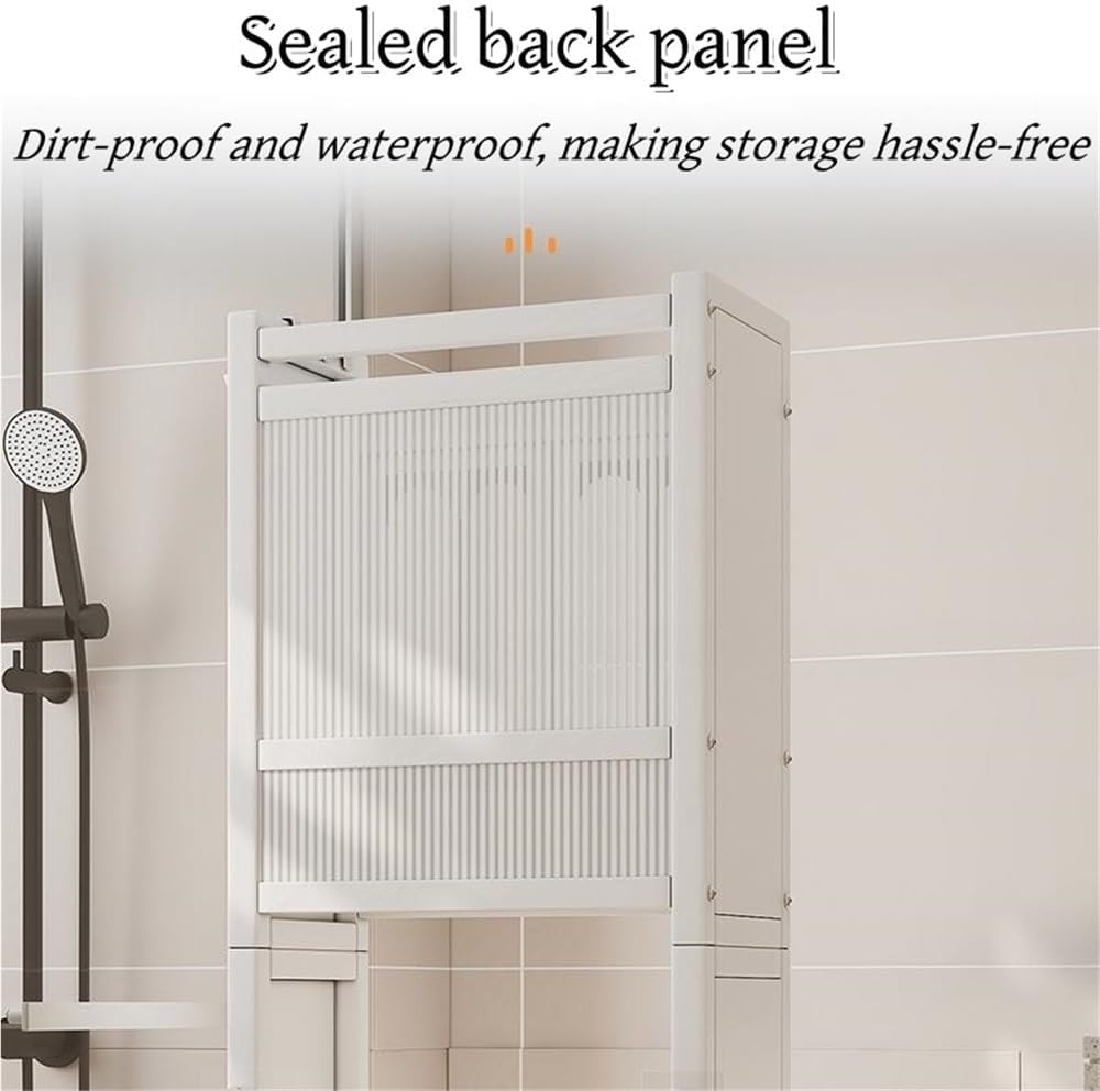 Above Washing Machine Shelf with with Flip-Top Door, Multi-Story Floor Laundry Room Storage Rack with Drying Rod and 4 Hooks for Laundry Room(White)
