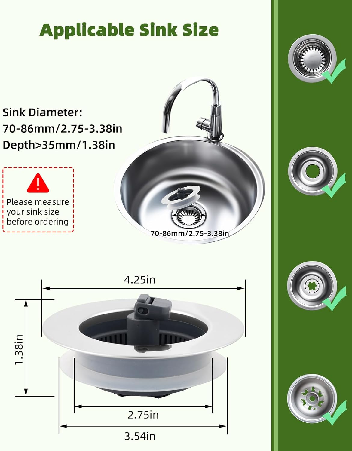 All Metal Sink Drain Strainer for Kitchen Sink, Universal Fit | Pop Up 3-in-1 Sink Stopper Drainer, 304 Stainless Steel Basket for US Standard 3-1/2 inch Drain Filter, Anti-clog