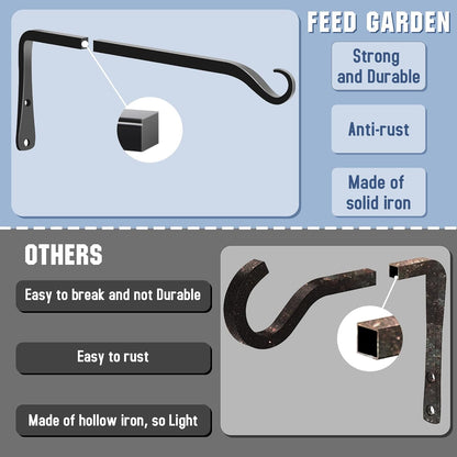 FEED GARDEN Heavy Duty Plant Hangers Outdoor Indoor, 8 Inch 2 Pack Metal Hanging Bracket Holds Up to 44 lbs, Wall Brackets for Hanging Baskets, Bird Feeders,Wind Chime& Lanterns, Black