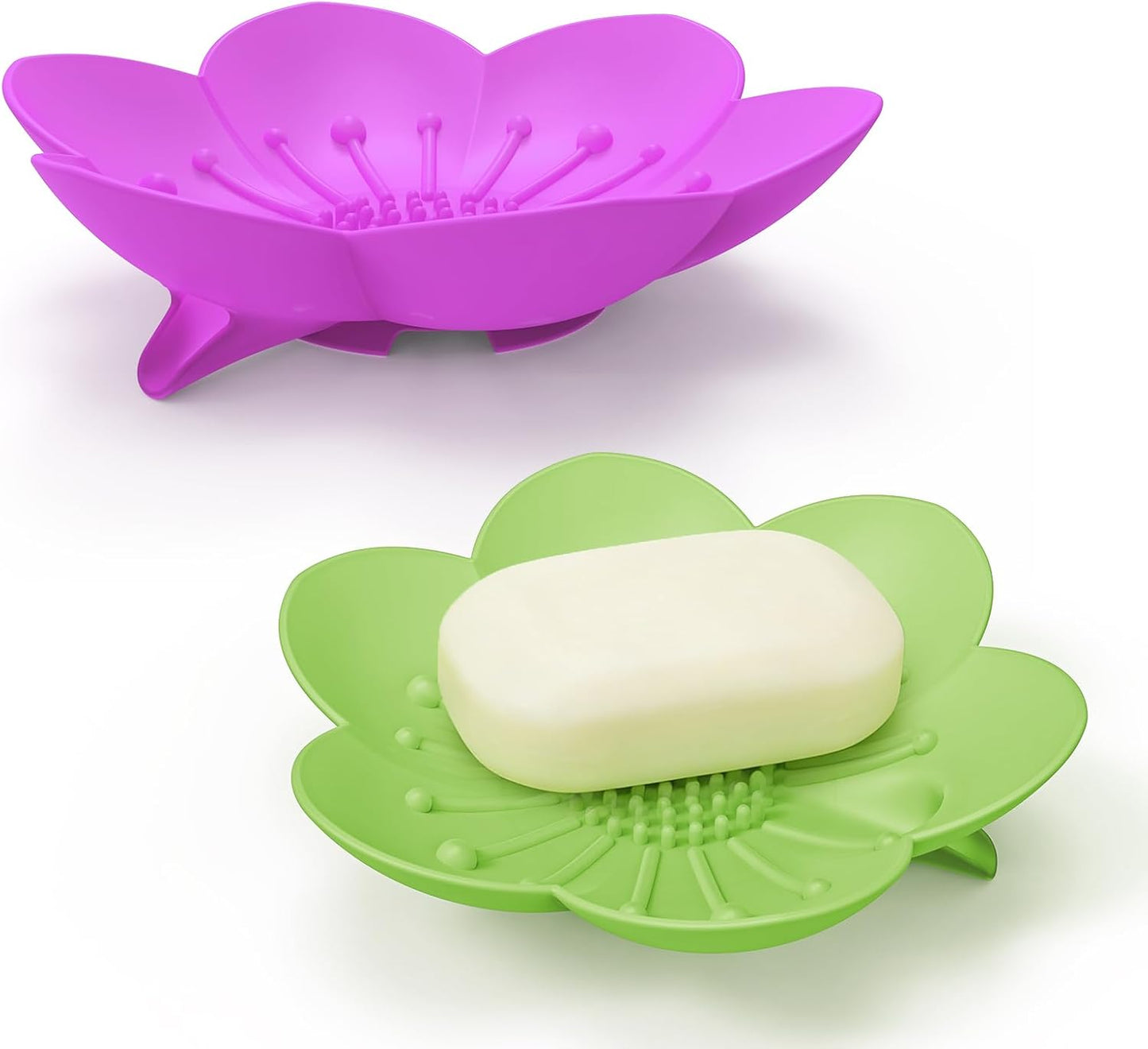 Soap Dishes 2 Pack Self Draining XL Flexible Bar Holder for Shower Steamer, Silicone Flower Soap Saver Tray for Counter Bathtub Sink Bathroom Decor with Drainage -Mirror Surface Easy Clean, Grey/Blue