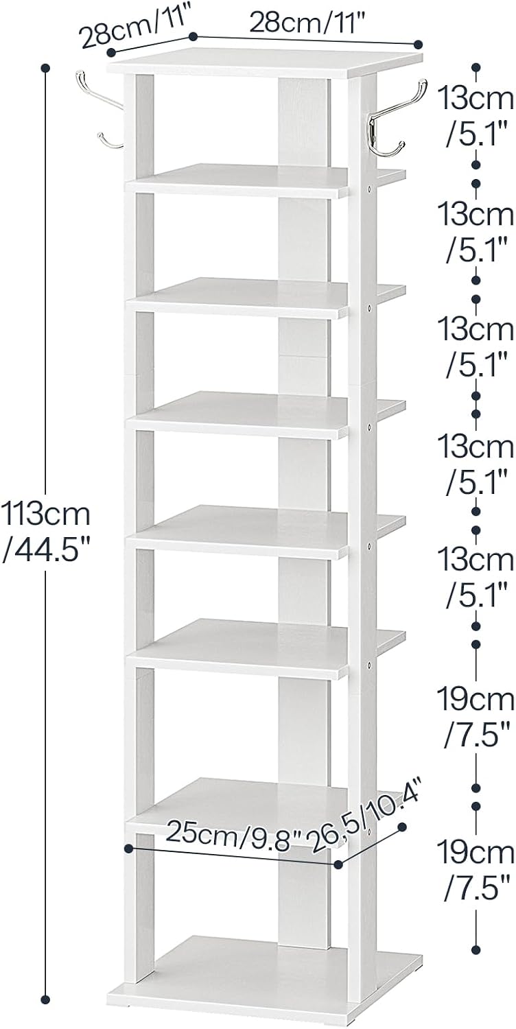 HOOBRO 8 Tiers Vertical Shoe Rack, Wooden Shoe Storage Organizer with Hooks, Narrow Shoe Tower for 8 Pairs, Space Saving, for Entryway, Living Room, Bedroom, Rustic Brown BF07XJ01G1
