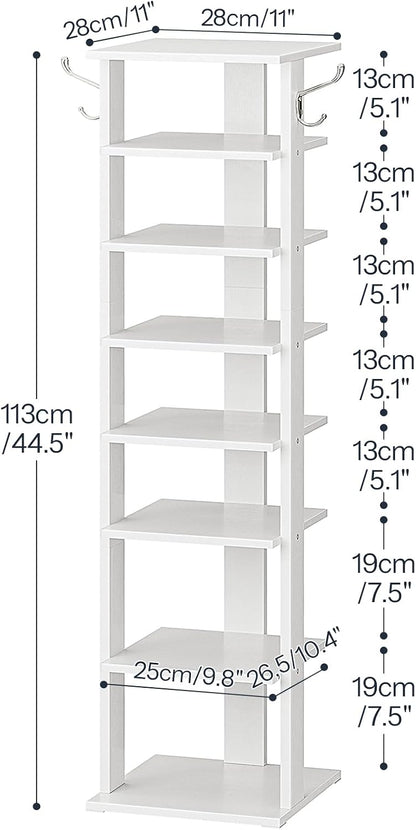 HOOBRO 8 Tiers Vertical Shoe Rack, Wooden Shoe Storage Organizer with Hooks, Narrow Shoe Tower for 8 Pairs, Space Saving, for Entryway, Living Room, Bedroom, Rustic Brown BF07XJ01G1