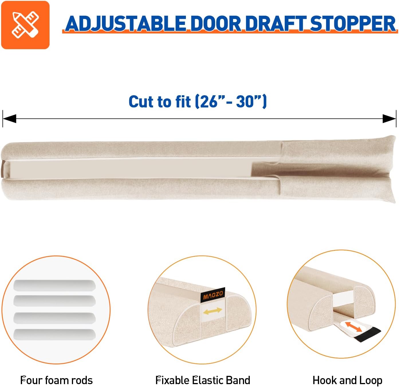 MAGZO Door Draft Stopper, 32 Inch Adjustable Under Door Gap Filler, Fits 26'' - 32'' Bottom Widths, Seals Gaps up to 1.7", Soundproof Sweep Blocks Air, Noise, Light, Dust- Grey