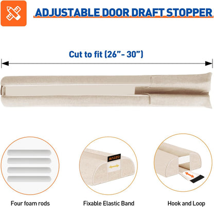 MAGZO Door Draft Stopper, 32 Inch Adjustable Under Door Gap Filler, Fits 26'' - 32'' Bottom Widths, Seals Gaps up to 1.7", Soundproof Sweep Blocks Air, Noise, Light, Dust- Grey