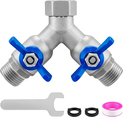 304 Stainless Steel Garden Hose Splitter 2 Way, Heavy Duty 3/4" GHT Y Hose Splitter with Shut-Off Valves, Full Flow Outdoor Faucet Connector with Wrench