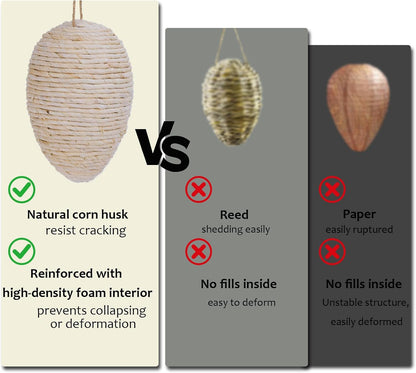 Brownlily Woven Corn Husk Wasp Nest - Sturdy Foam Core Holds Shape, Waterproof Hanging Hornet Deterrent for Patio, Garden, Porch - Rope Woven