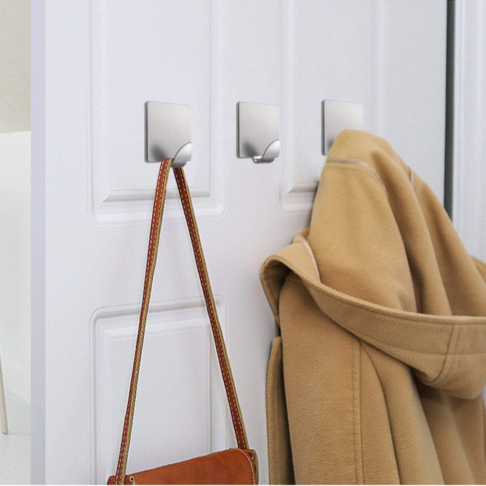 Heavy Duty Adhesive Hooks Stick on Hooks Stainless Steel Waterproof Wall Hooks Hangers for Hanging Robe, Coat, Towel, Keys, Bags, Lights, Calendars -Home Kitchen Bathroom 4-Pack