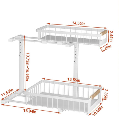 2 Pack Under Sink Organizer, 2 Tier Pull Out Cabinet Organizer with 5-Level Adjustable Height, Sliding Metal Storage Rack for Kitchen Bathroom Pantry, White