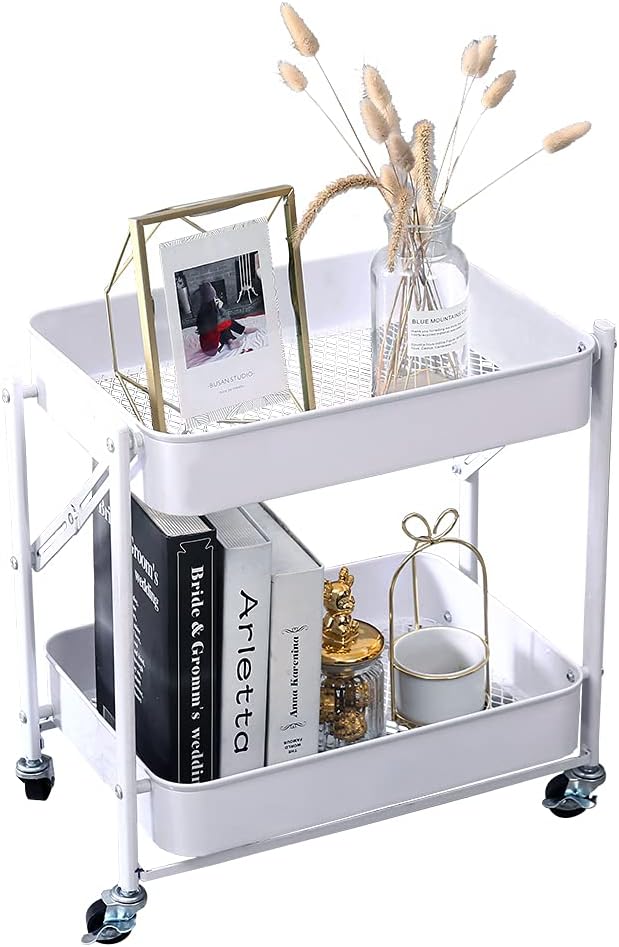 2-Tier Utility Rolling Cart Storage Sofa Side Table with Wheels, Mobile Trolley Organizer with for Office Home Kitchen Organization, Cream White