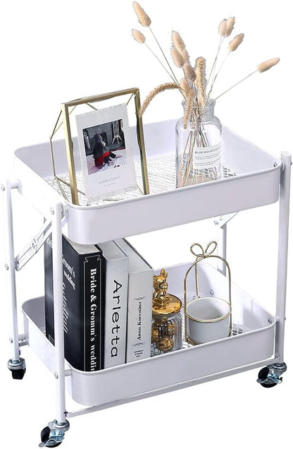 2-Tier Utility Rolling Cart Storage Sofa Side Table with Wheels, Mobile Trolley Organizer with for Office Home Kitchen Organization, Cream White