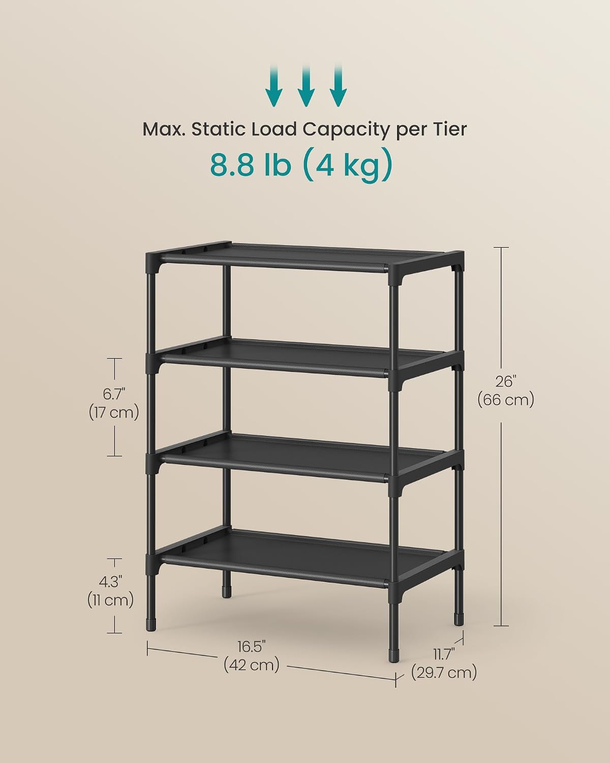 SONGMICS Shoe Rack, 2-Tier Shoe Storage Organizer, Space-Saving, 11.7 x 16.5 x 12.2 Inches, Entryway, Metal Frame, Non-Woven Fabric Shelves, Ink Black ULSH012BH01