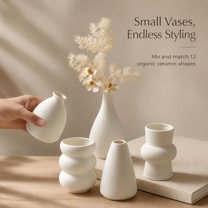 Set of 16 White Ceramic Bud Vases, Minimalist Boho Small Pampas Grass Flower Vase for Farmhouse Home Decor, Wedding Centerpiece, Shelf and Table Decoration