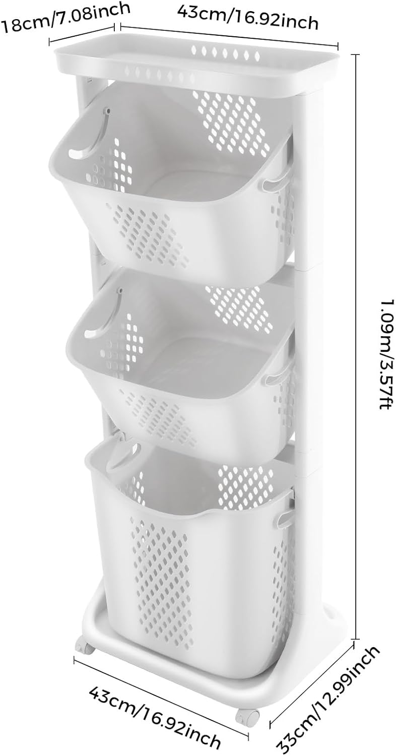 3 Tier Rolling Laundry Basket Vertical laundry hamper Sorter Cart with Wheels and Breaks Bathrooms Clothes Hamper 3 Section laundry organizer for Kitchens, Bedrooms, Laundry Rooms