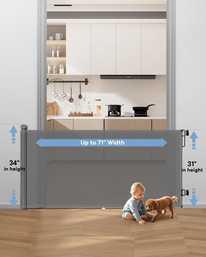 Retractable Baby Gate - 55" Wide Mesh Pet Gate with Anti-Crawling Hook, Safety Lock, One-Hand Operation, 34" Tall Baby Gate for Stairs, Doorways, Hallways, Garage, Indoor Outdoor, Black