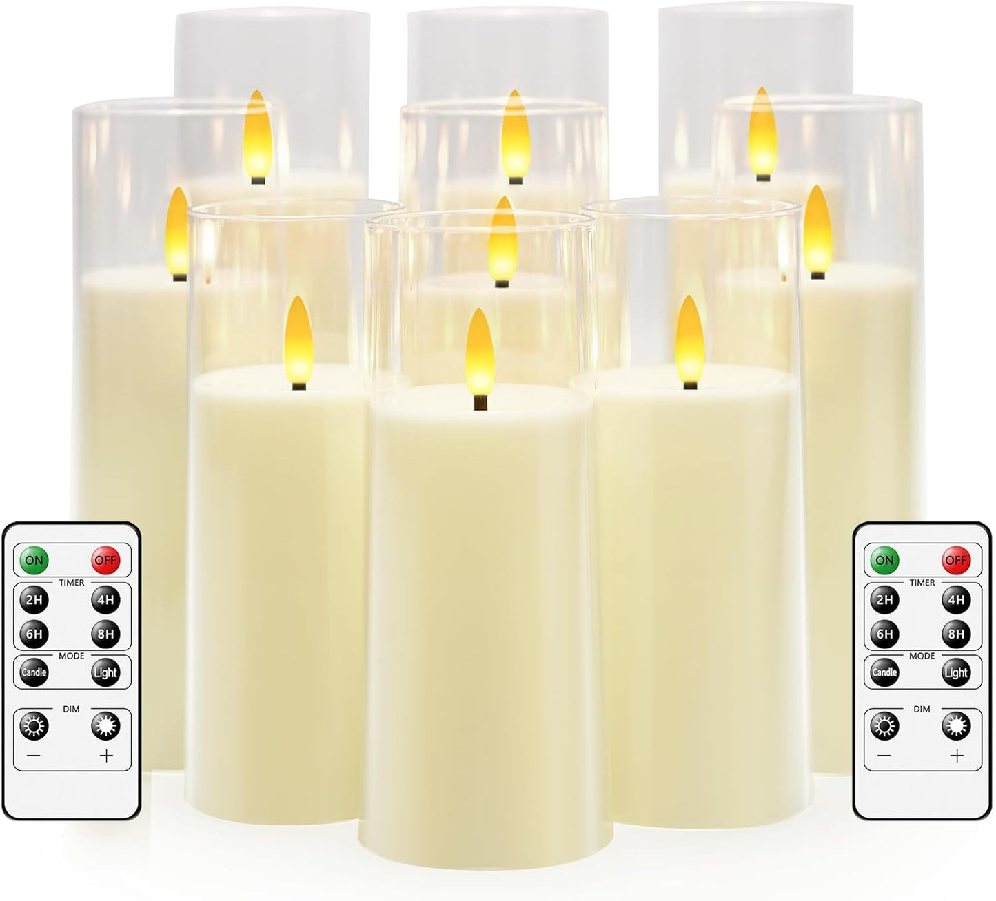 kakoya Flickering Flameless Candles Battery Operated with Remote and 2/4/6/8 H Timer Plexiglass Led Pillar Candles Pack of 9(D2.3 xH5.5 6.5" 7.5") with Realistic 3D Wick Candles for Home Decor(Ivory)