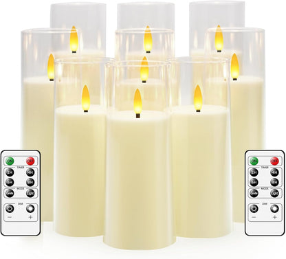 kakoya Flickering Flameless Candles Battery Operated with Remote and 2/4/6/8 H Timer Plexiglass Led Pillar Candles Pack of 9(D2.3 xH5.5 6.5" 7.5") with Realistic 3D Wick Candles for Home Decor(Ivory)