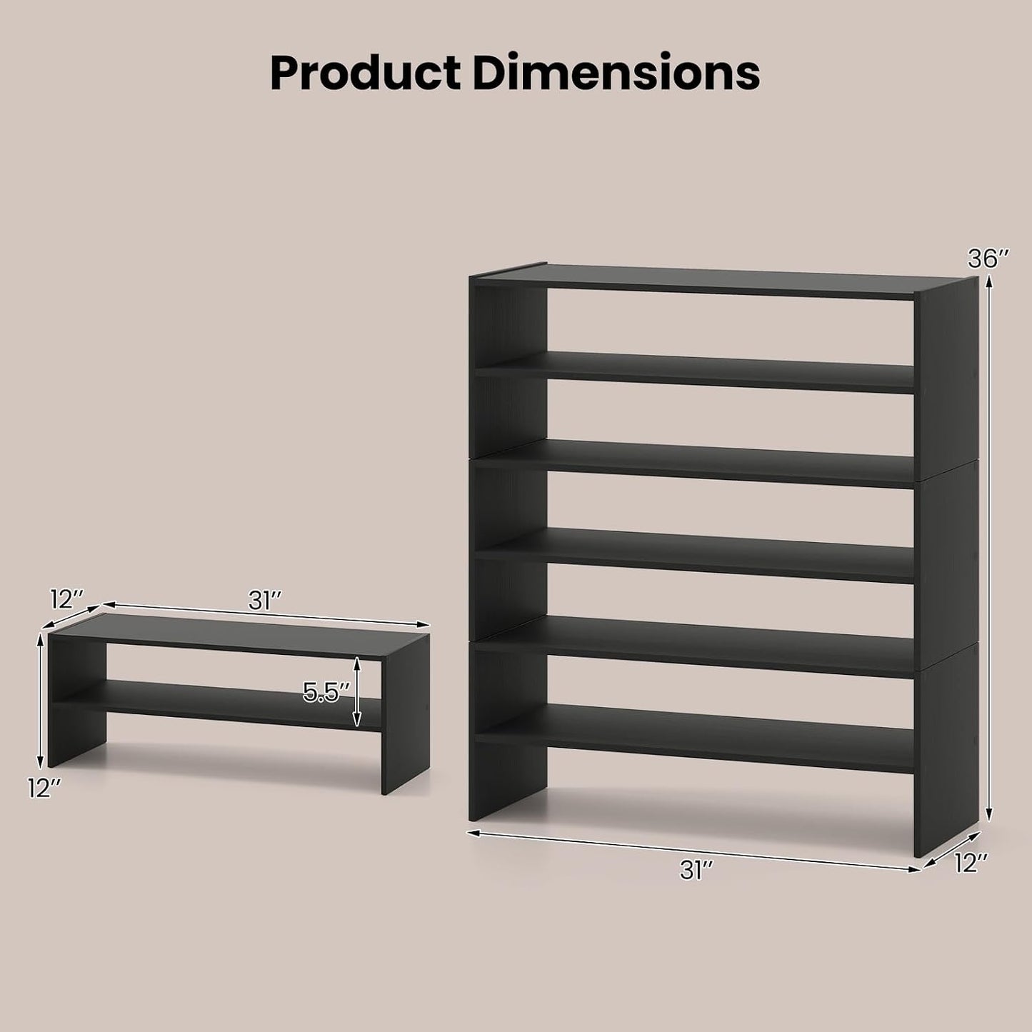 COSTWAY 6-Tier Shoe Rack, Extra Wide Shoe Shelf Organizer with Stackable Design, 31" Freestanding Adjustable Storage Shoe Stand for Small Space Entryway Hallway Closet (1,Black)