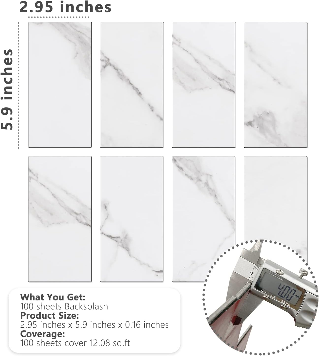 STICKGOO 100-Pieces Peel and Stick Backsplash, 3" x 6" PVC Wall Tile, Marble White Stick on Backsplash for Kitchen/Bathroom/Fireplace