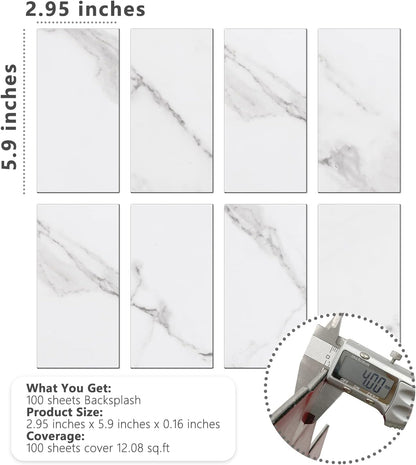 STICKGOO 100-Pieces Peel and Stick Backsplash, 3" x 6" PVC Wall Tile, Marble White Stick on Backsplash for Kitchen/Bathroom/Fireplace