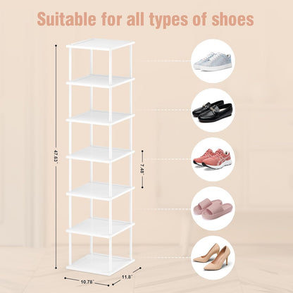 Vertical Tall Shoe Rack Organizer for Entryway -7 Tier Free Standing Slim Narrow Bamboo Wood Corner Stackable Shoe Boots Storage Stand Small Spaces for Closet Garage Cloakroom Living Room (Black)