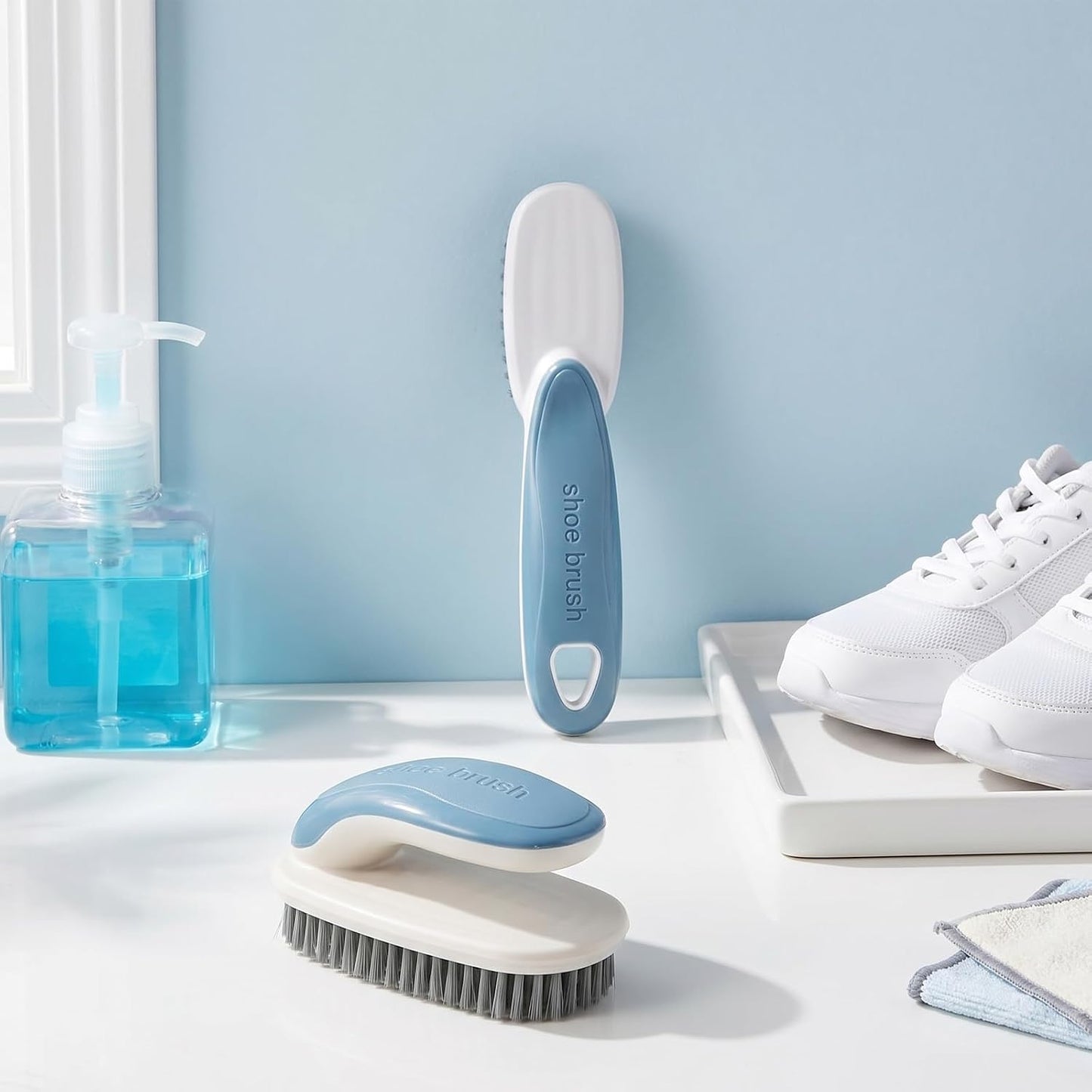 2pcs Soft Bristle Scrub Cleaning Brushes Laundry Scrub Brush | Shoe Cleaning Brushes Stain Remover Shoe Laundry Stain Brush with Long Handle for Carpet Clothes Bathroom Countertop Bathtub