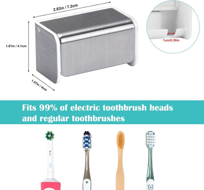 PARKMANI 2 PCS Toothbrush Holders Wall Mounted with Cover, Electric Tooth Brushing Holder for Bathroom, 2 Slots Self Adhesive Toothbrush Organizer for Family, Kids (2, Brushed Silver)