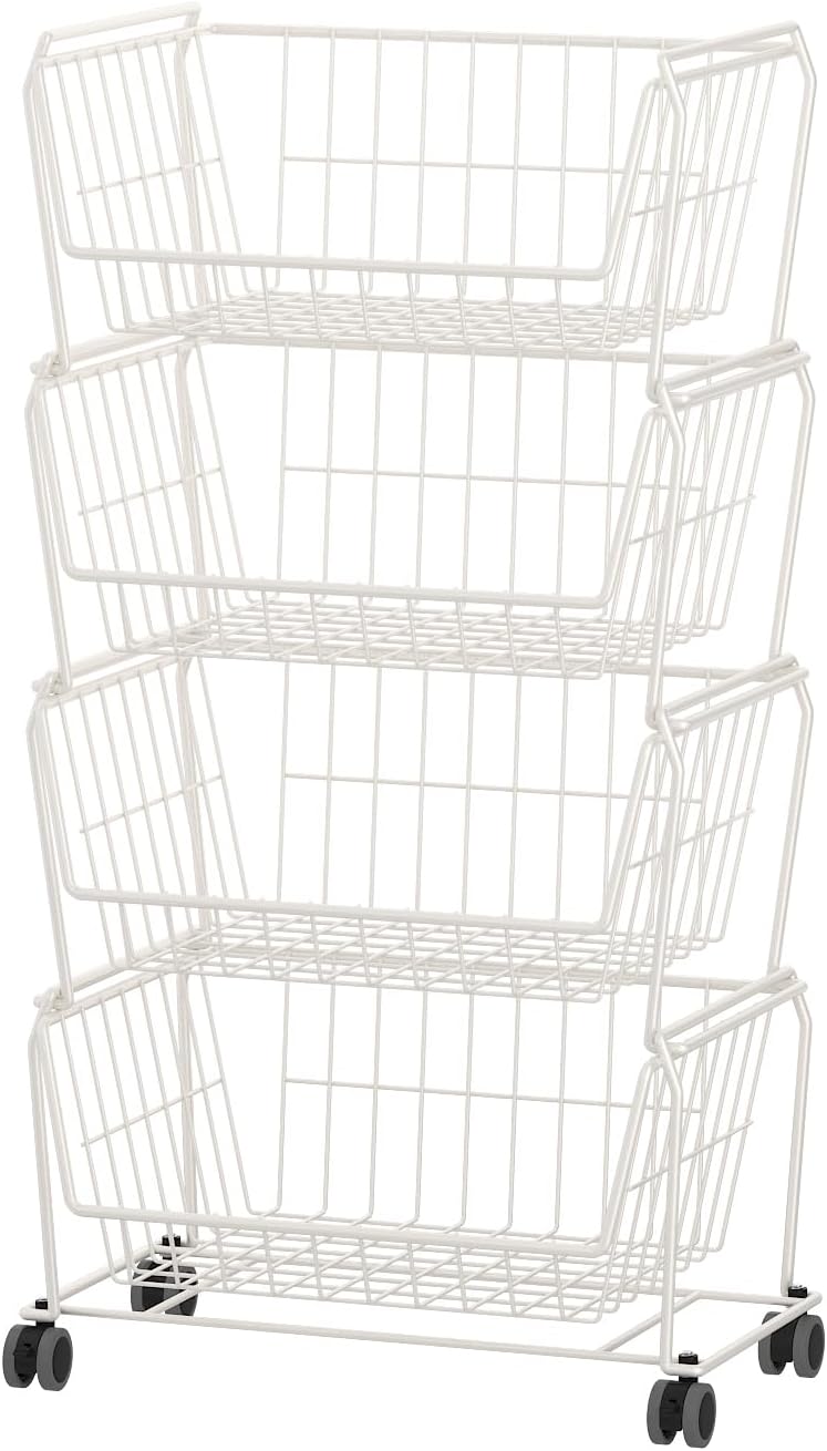 PUSDON 6-Tier Tall Stackable Wire Storage Baskets with Wheels, Vertical Metal Rolling Utility Cart, High Capacity Produce Basket for Kitchen Pantry, Snack Organizer, Matte Black
