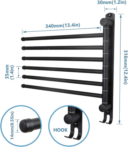 Towel Rack Wall Mounted JSVER Bathroom Towel Rack, Space Saving Towel Holder, 13.4 Inches Swivel SUS304 Stainless Steel Towel Bar, 180° Rotation 6 Arms Towel Racks for Bathroom