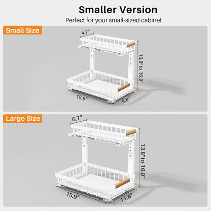 PXRACK Under Sink Organizer, Adjustable Height, 2 Tier Pull Out Under Cabinet Organizer, Slide Out Thickened Metal Under Sink Storage for Kitchen Bathroom Laundry Pantry Cabinet, White, Large-1-Pack