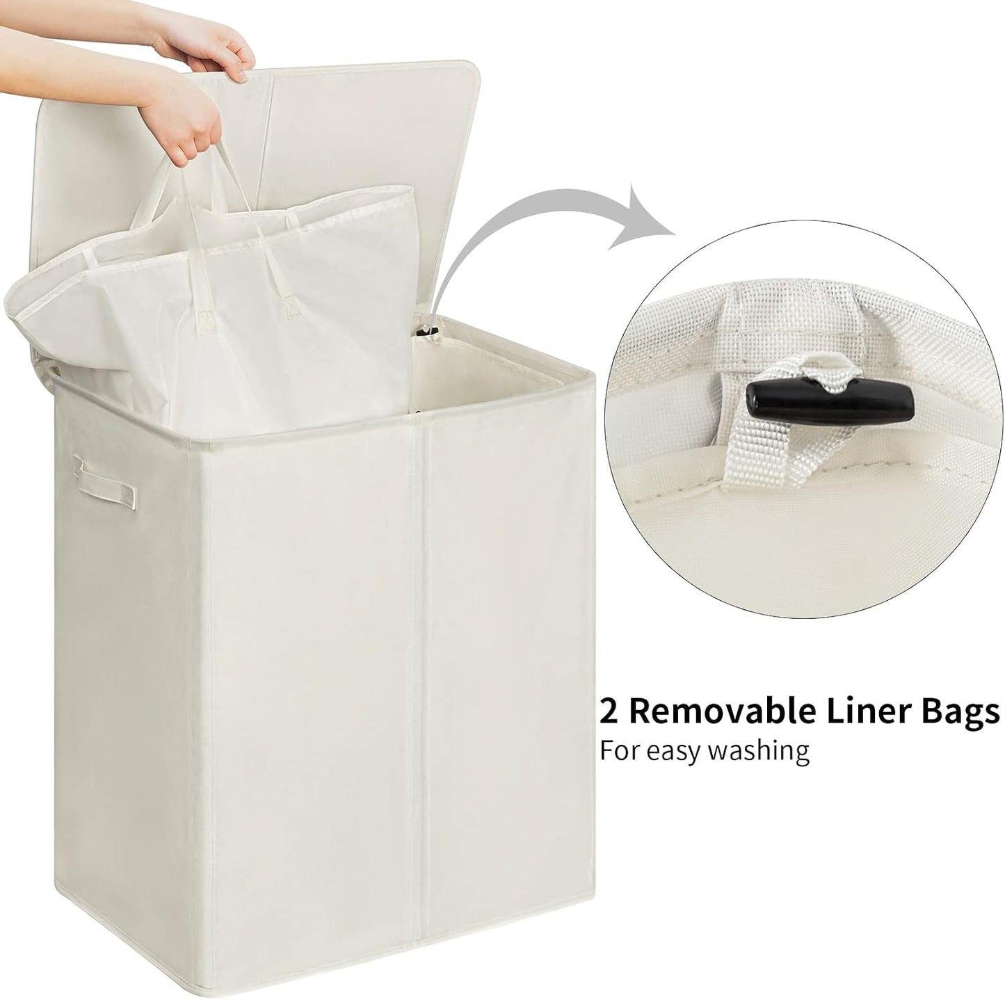 WOWLIVE 180L Laundry Hamper with Lid 3 Section,Large Laundry Basket with Removable Bags and Handles,Collapsible Dirty Clothes Hampers for Laundry,Laundry Basket Organizer for Laundry Room,Dorm,Beige