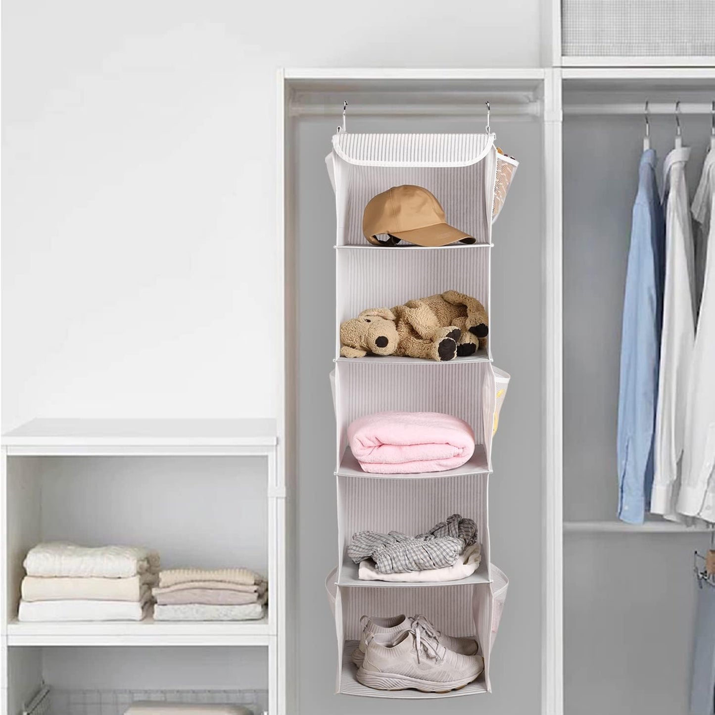 BrilliantJo 2 Pack Hanging Closet Organizer, 5 Shelves Hanging Storage with 6 Side Pockets for Clothes Shoes, 43"x12"x12"(Black)