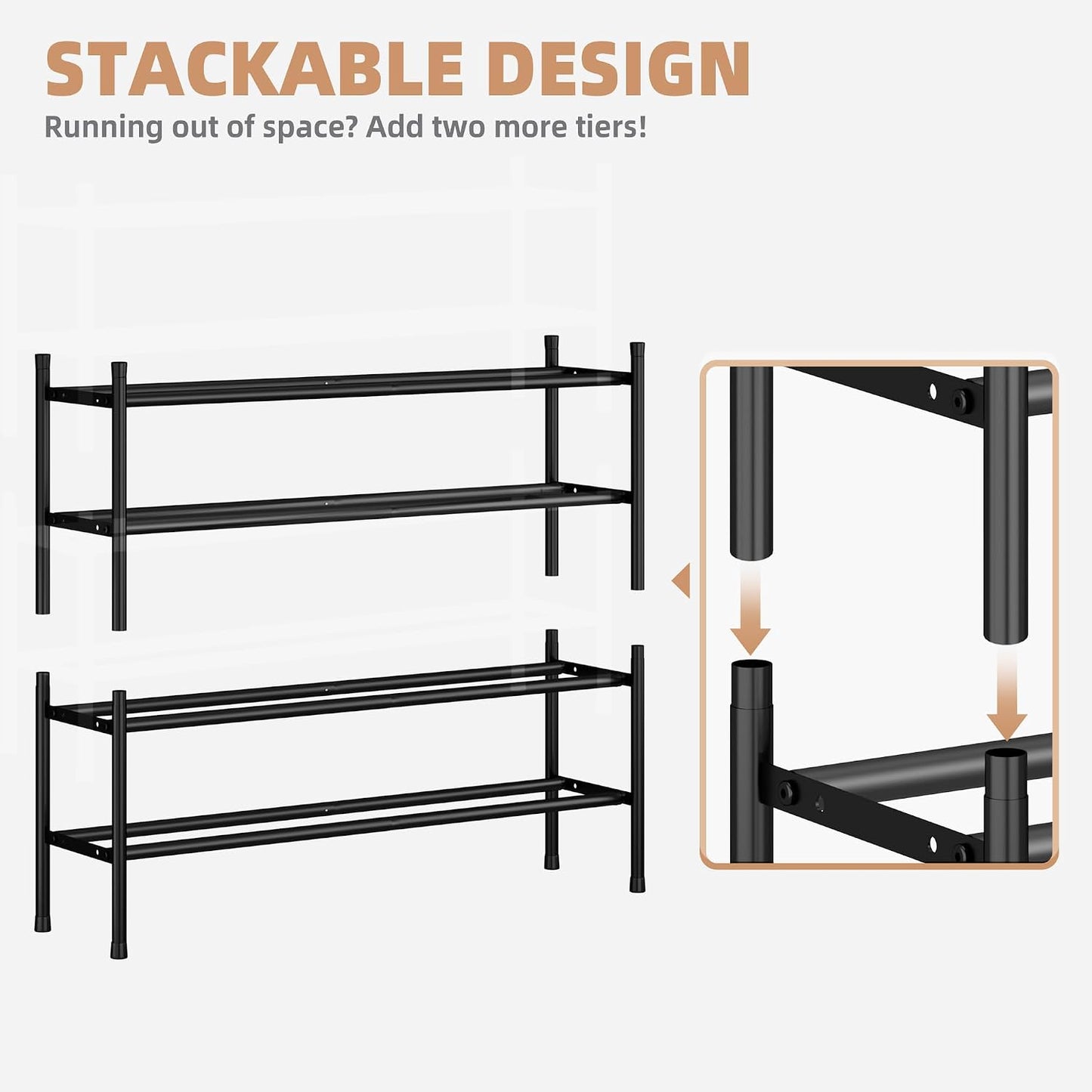 STORAGE MANIAC Long Expandable Shoe Rack, 18 Pairs Metal Wide Stackable Shoe Rack, Adjustable Shoes Shelf, Freestanding Shoes Organizer for Closet, Entryway, Hallway, Garage, Front Door, 3 Tiers