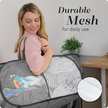 Handy Laundry Collapsible Laundry Basket, 3-Compartment Mesh Laundry Sorter, Foldable Pop Up Hamper with Handles, Space-Saving Durable Organizer for Dorm, Bedroom, Travel, White
