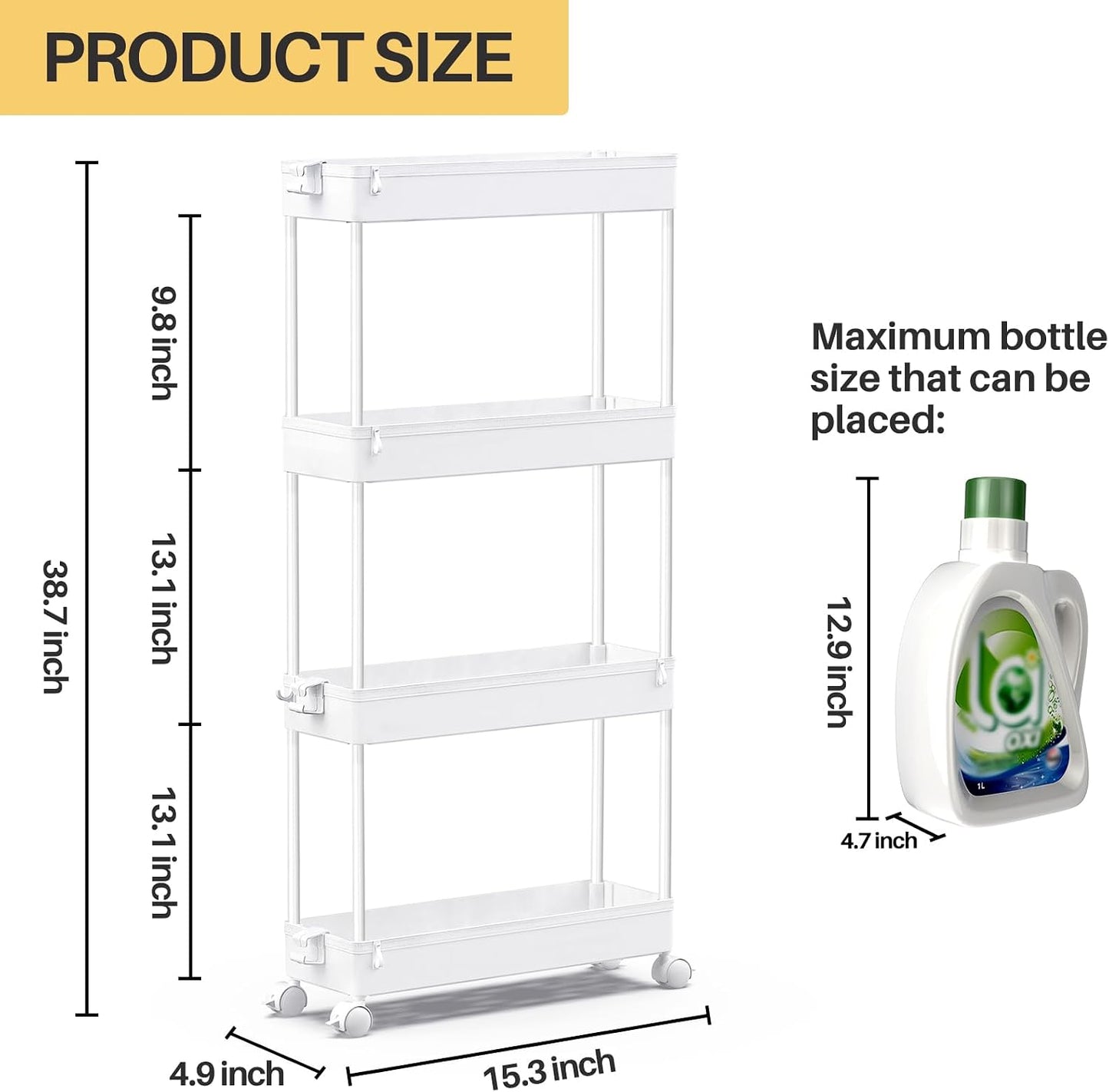 SPACEKEEPER Slim Rolling Storage Cart 4 Tier Bathroom Organizer Cart Mobile Shelving Unit Slide Out Utility Cart for Kitchen, Bthroom, Makeup, Craft, Laundry Narrow Places, Black