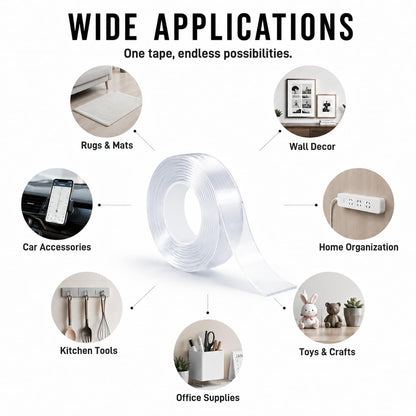 Nano Tape Double Sided Heavy Duty 1/2''×10Ft Removable Washable No Residue | Clear Adhesive Tape Multipurpose Mounting Tape for Wall, Carpet, Pictures, Home Decor, Office & DIY