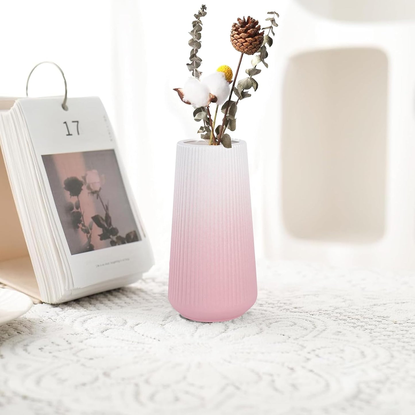 White Ceramic Vase, GUKJOB Small Cute Flower Vase for Pampas Grass, Home, Living Room, Dining Table, Farmhouse, Office Decor, Bedroom, Table, and Kitchen Shelf (White- 2PCS)