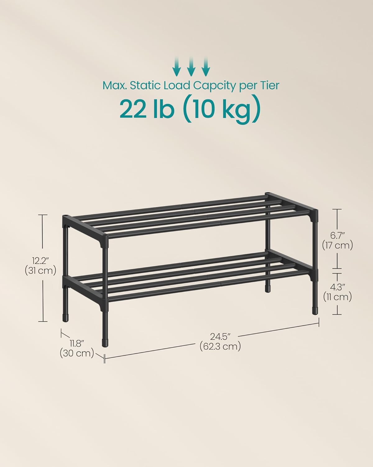 SONGMICS 2-Tier Shoe Rack for Closet, Compact Metal Shoe Organizer Shelf for Entryway, Bedroom, Small Spaces, Stackable, 11.8 x 24.5 x 12.2 Inches, Black ULSA122BH01
