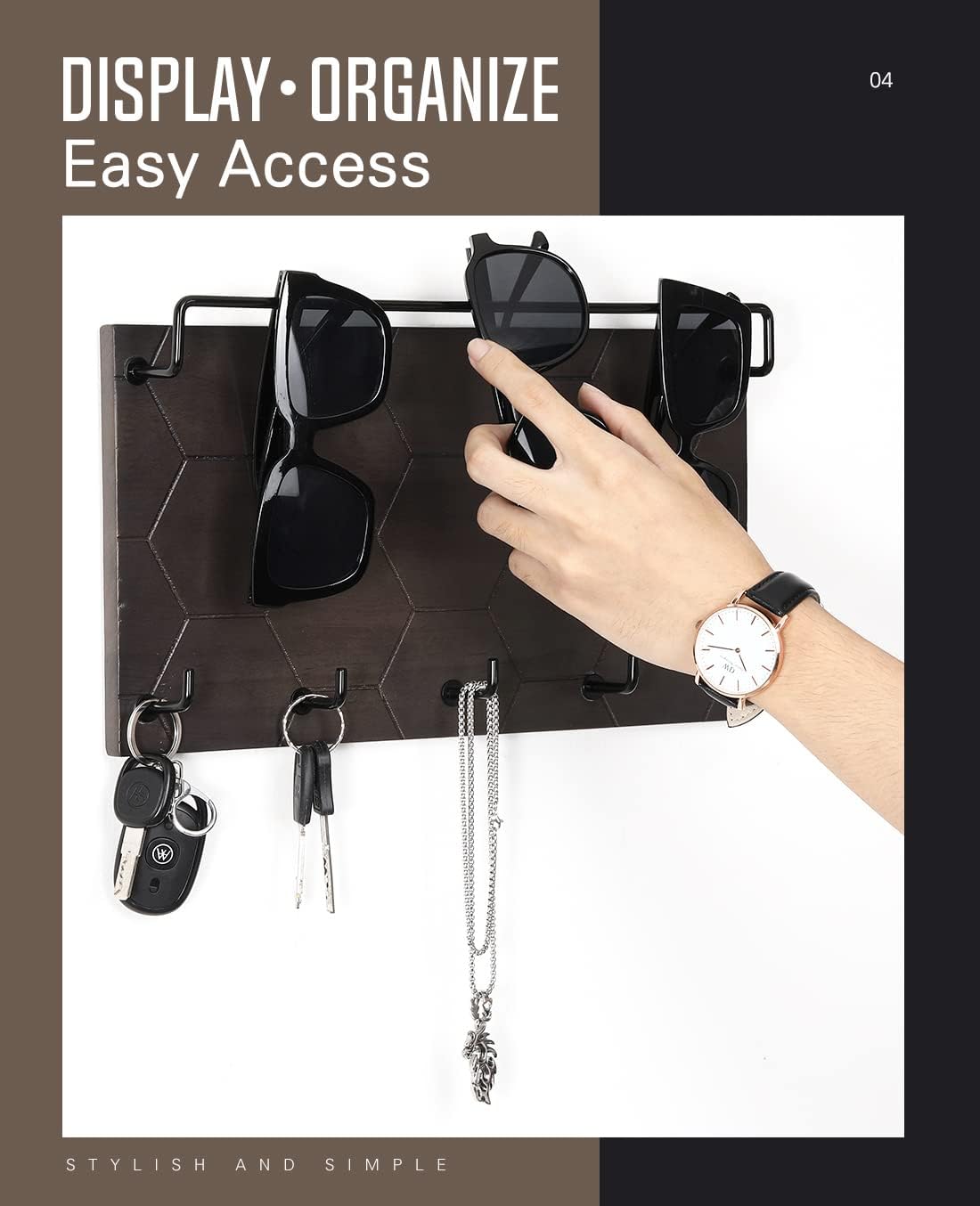 Emibele Sunglass Organizer Wall Key Holder,Decorative Wood Wall Organizer | Glasses & Sunglass Holder Display with 5 Hooks Key Rack Hanging Eyeglass Storage for Entryway Living Room