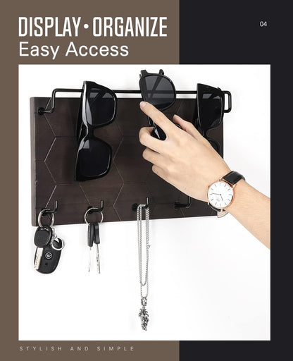 Emibele Sunglass Organizer Wall Key Holder,Decorative Wood Wall Organizer | Glasses & Sunglass Holder Display with 5 Hooks Key Rack Hanging Eyeglass Storage for Entryway Living Room
