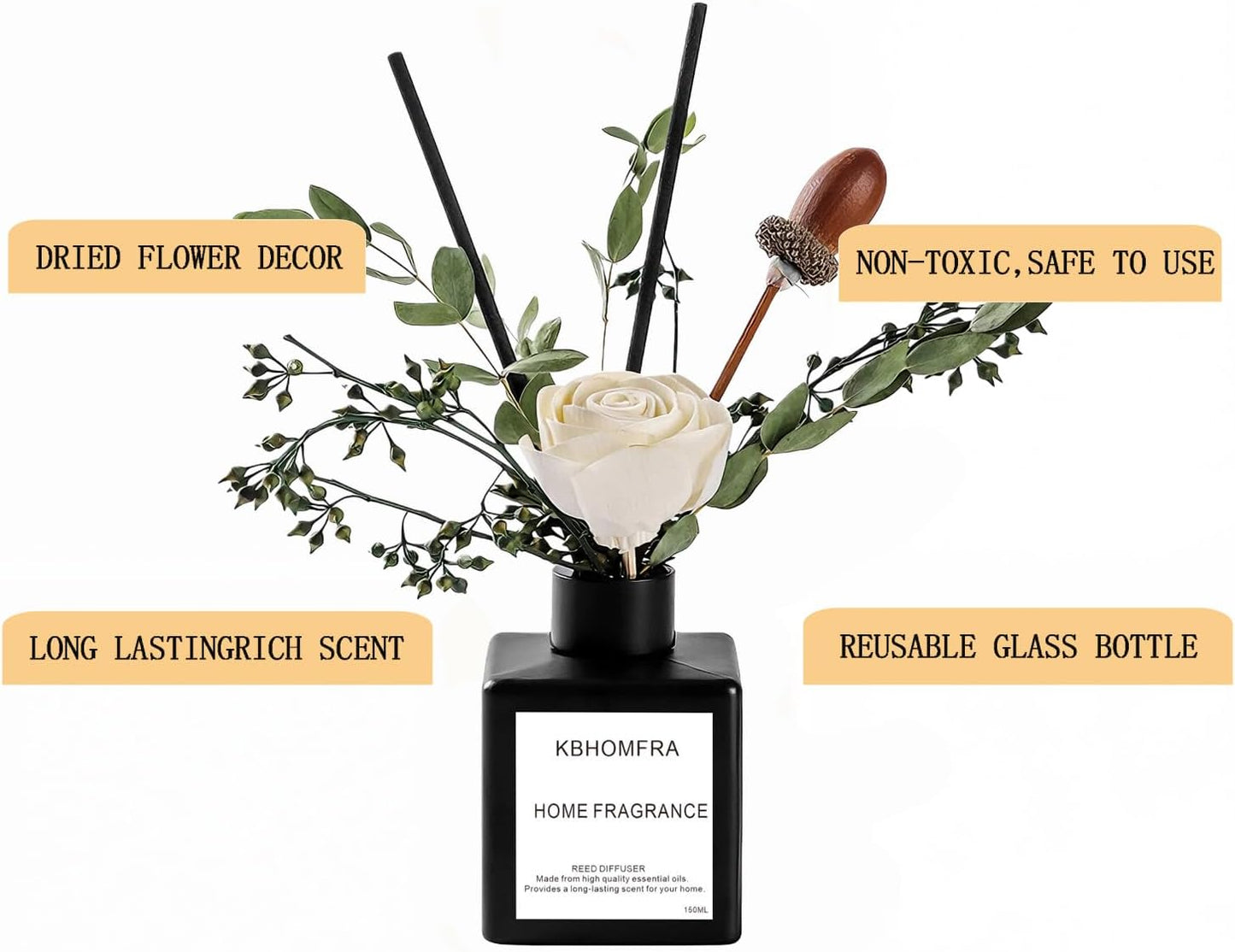 Reed Diffuser Set with Dried Flowers, 3.38fl.oz Fragrance Diffuser with Sticks, Scented Sticks Aroma Diffuser, Home & Office Décor for Air Fresheners, Bathroom (Jasmine Tea)
