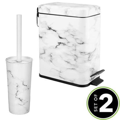 mDesign Metal Freestanding Slim Toilet Bowl Brush and Holder + Rectangle Narrow 5 Liter / 1.3 Gallon Step Pedal Trash Can Wastebasket for Bathroom - Small, Compact Design - Set of 2 - Brushed/Chrome