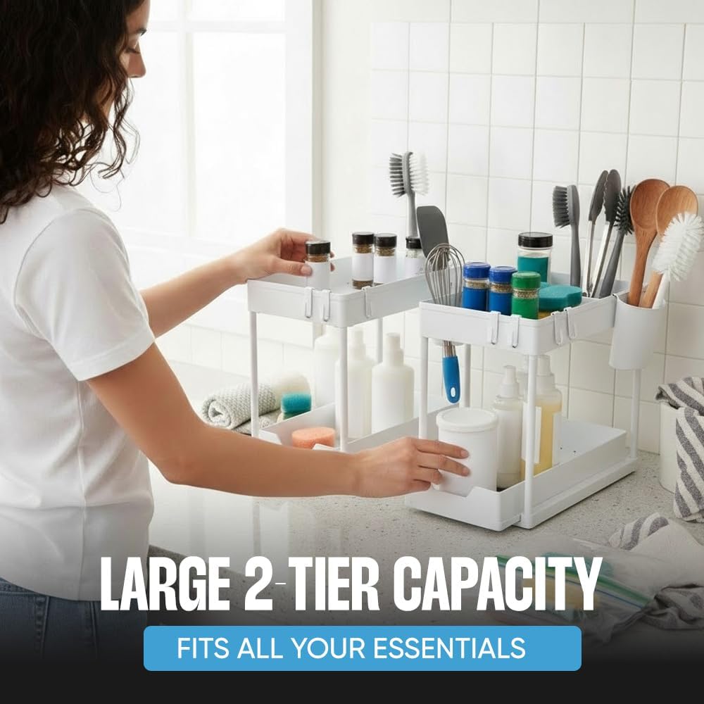 Undersink Organizer, 2-Tier Under Sink Storage Rack with Sliding Drawers for Kitchen Bathroom Cabinets, Pull Out Organizer for Pantry, Laundry Room & Closet Organization - 1 Pack, Black