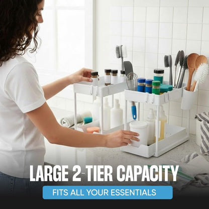 Undersink Organizer, 2-Tier Under Sink Storage Rack with Sliding Drawers for Kitchen Bathroom Cabinets, Pull Out Organizer for Pantry, Laundry Room & Closet Organization - 1 Pack, Black